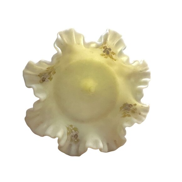Vintage Fenton Custard Glass Ruffled Edge Hand Painted Floral Pedestal Bowl Sign - Picture 2 of 5